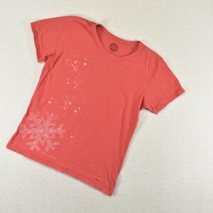 Life is Good Womens Crusher Tee Shirt Coral Red Hearts Snowflakes Valentines